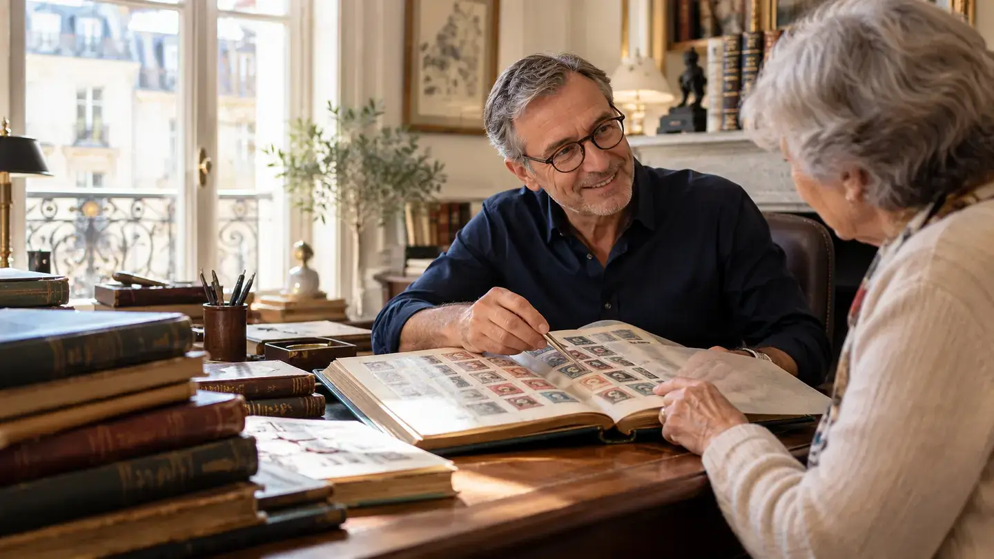 Illustration d’une consultation autour d’albums de timbres